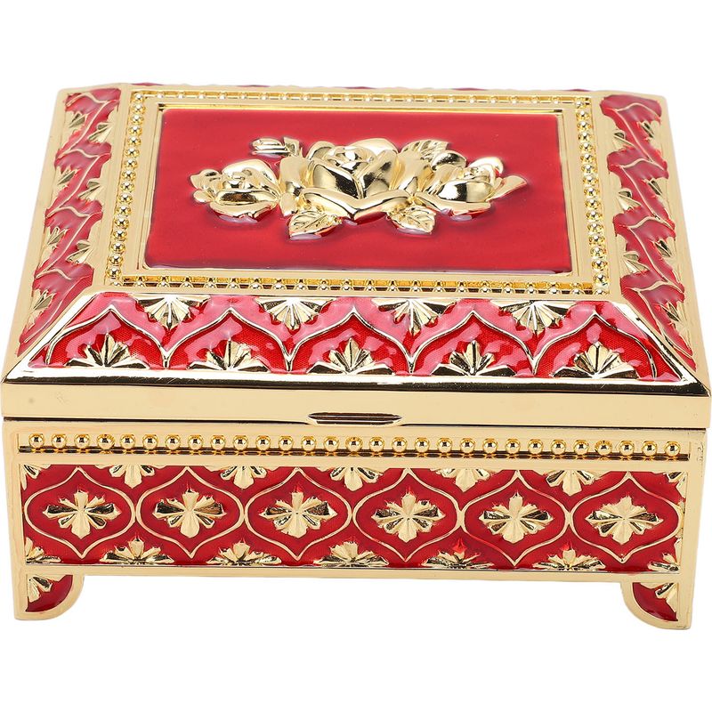 Vintage Schmuckkästchen Aus Rotem Metall Mit Geprägtem Rosenmuster, Einlagig, Quadratisch, Im Europäischen Stil, Aufbewahrungsmöglichkeit Für Zuhause Und Als Geschenk.