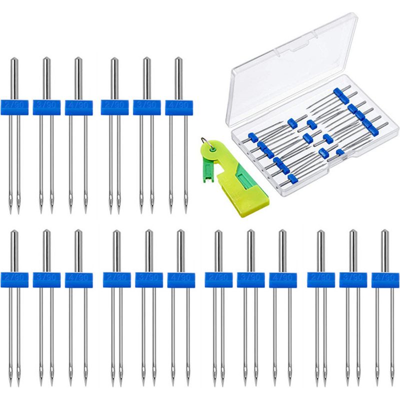 Set Mit 18 Zwillingsnähmaschinennadeln, Inklusive Kunststoffbox, Nadeleinfädler, Einfache Bedienung, Für Den Heimgebrauch.