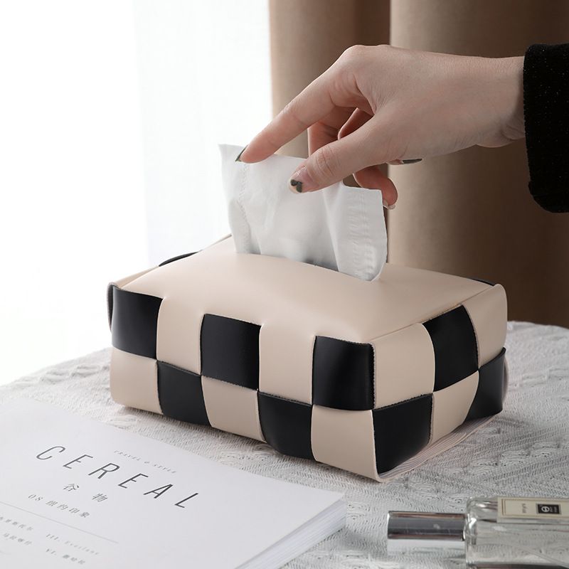 Kreative Aufbewahrungsbox Aus Gewebtem Leder, Moderner Luxusstil, Schwarz-weiß Kariertes Muster, Für Auto Und Wohnzimmer, Elegante Dekobox