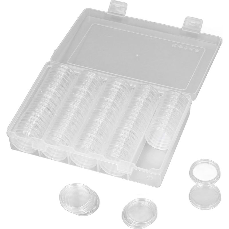 Packung Mit 100 Durchsichtigen Aufbewahrungsboxen Aus Kunststoff Für Münzen, Mit Schutzkapseln, Ideal Zum Ausstellen Und Sammeln.