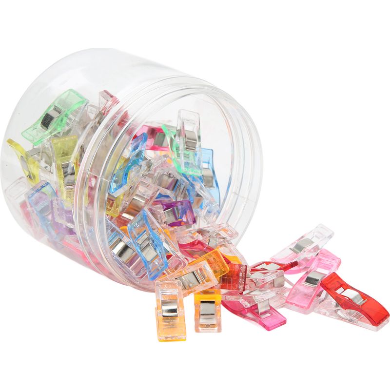 Set Mit 50 Axtförmigen Quiltclips In Verschiedenen Leuchtenden, Transparenten Farben, Stoffclips Aus Kunststoff Für Bastel- Und Näharbeiten.