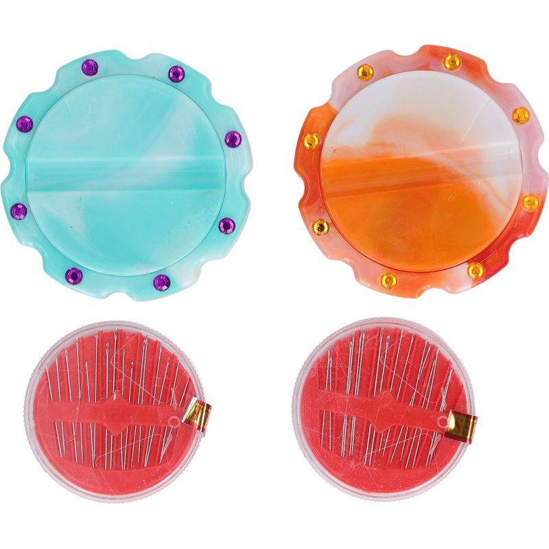 Set Mit 2 Runden Magnetischen Nadelhaltern Aus Kunststoff, Cyan Und Gelb, Mit 32 Nähnadeln