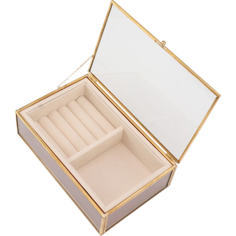 Tragbare, Minimalistische Schmuckschatulle Mit Transparentem Glasdeckel, Weichem Fleecefutter, Ideal Für Reisen, Und Goldenem Rahmen.