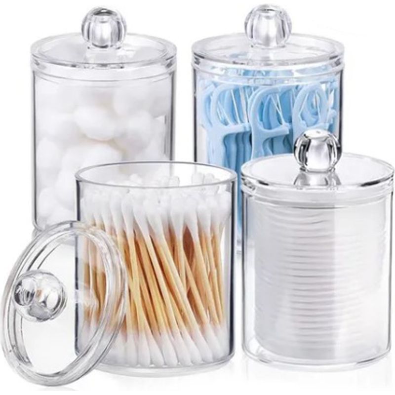 Set Mit 4 Runden, Transparenten Aufbewahrungsbehältern Aus Ps-kunststoff Für Wattestäbchen, Wattebällchen Und Make-up-entferner-pads.