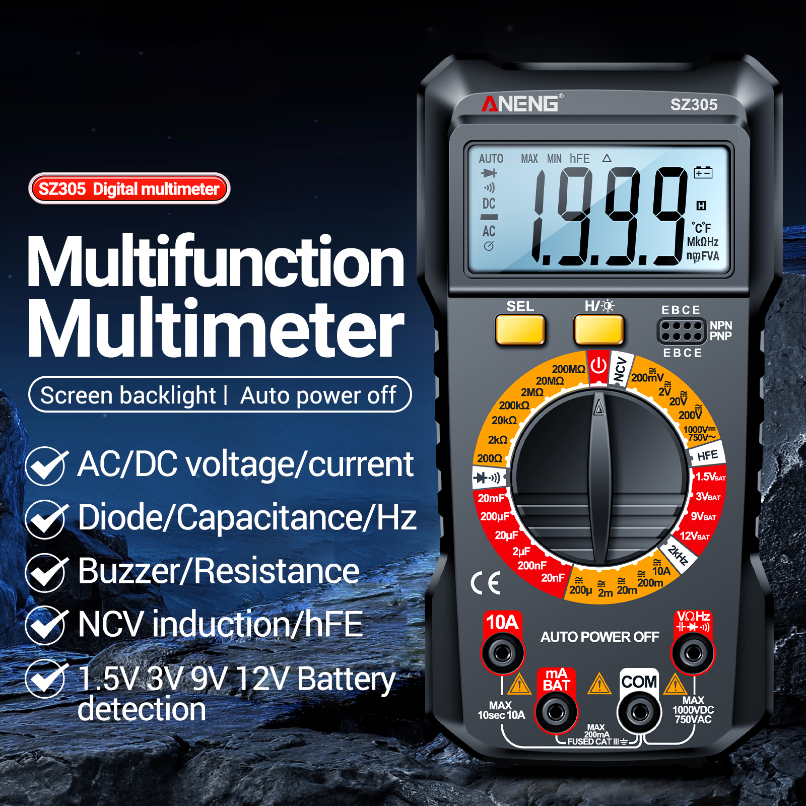 Aneng Sz305 Multimeter Professioneller Kondensatortester 1999 Counts Intelligentes Voltmeter Ohmmeter Misst Spannung Strom Widerstand Frequenz Diode Hfe Schnell Und Genau.