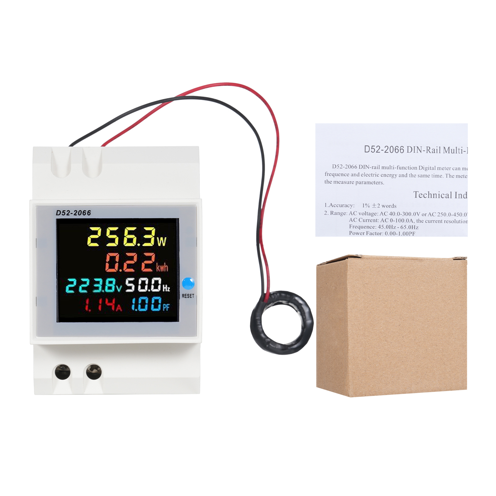 6-in-1-einphasen-digital-energiemessgerät, Din-schiene, Wechselstrommonitor, Spannung, Strom, Leistungsfaktor, Wirkleistung (kwh), 100 A, Stromverbrauch.