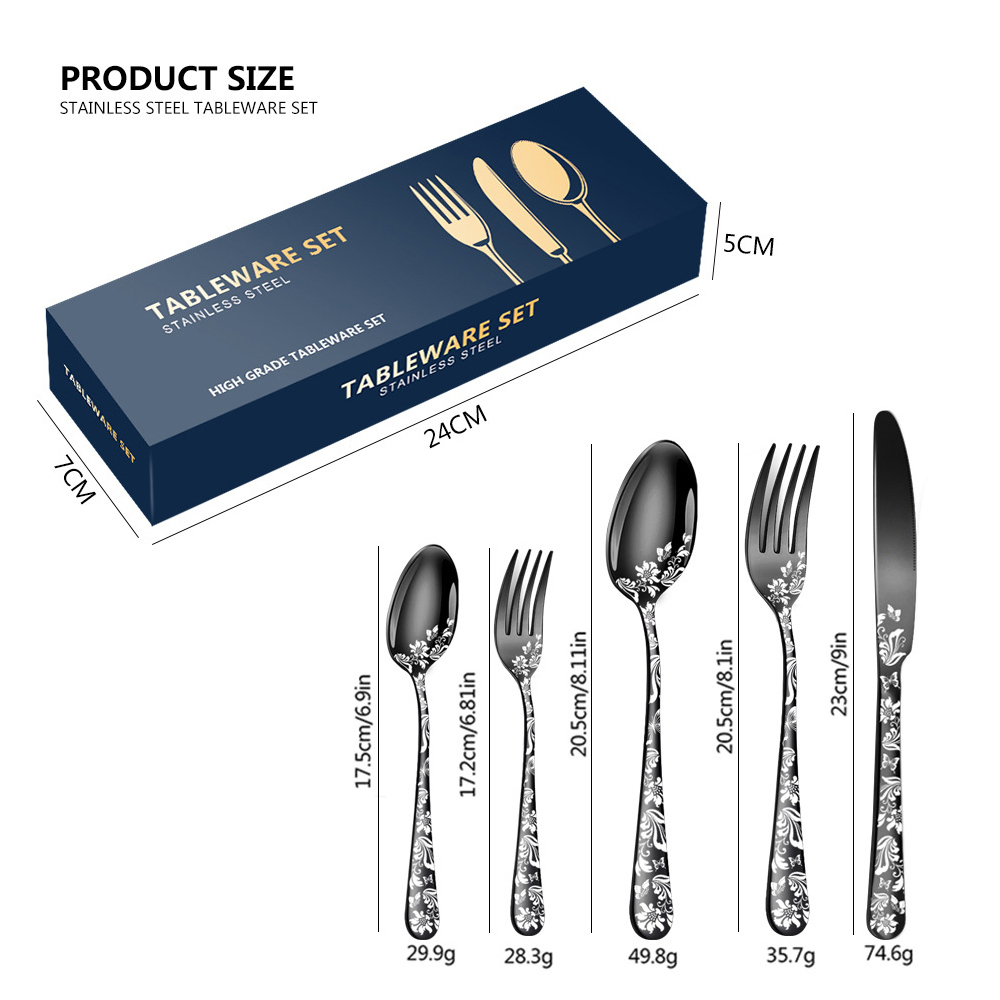 20-teiliges Edelstahl-besteckset Mit Hochglanzpolierter Oberfläche: 4 Messer, Gabeln, Löffel Und Teelöffel, Verziert Mit Einem Schönen Blumenmuster, Ideal Für Küchen, Restaurants Und Empfänge.