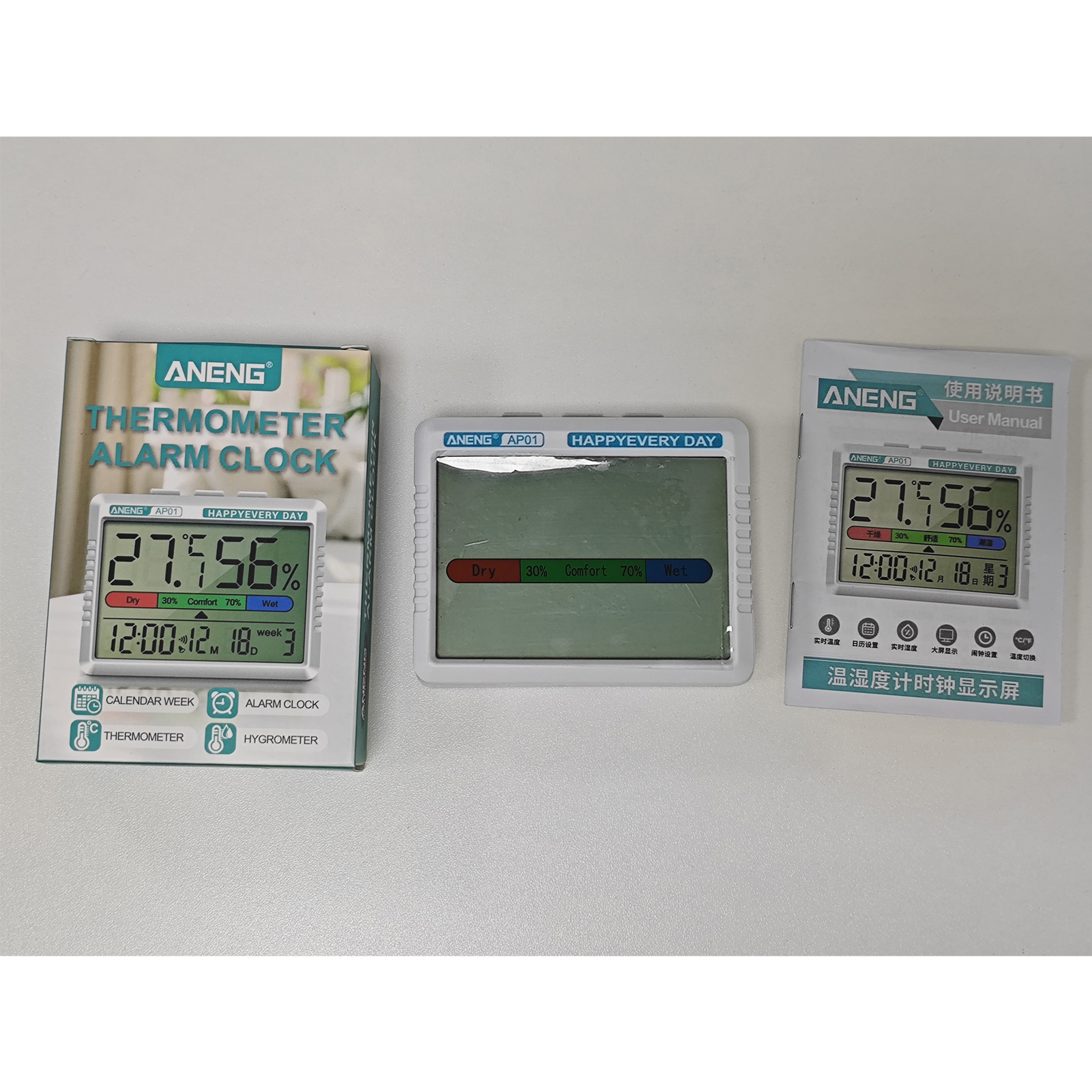Multifunktionales Thermometer-hygrometer Mit Temperatur-, Feuchtigkeits-, Wecker-, Wochenkalenderanzeige, Komfort-erinnerungsfunktion Und 5-minuten-schlummerfunktion.