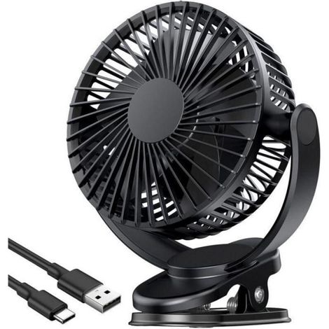 Usb-ventilator. Wiederaufladbarer, Tragbarer Ventilator. 3 Geschwindigkeitsstufen. Klemmbefestigung. 360°-drehung – Schwarz.