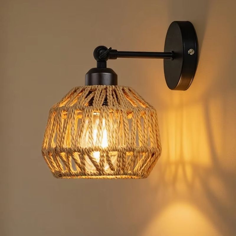 Dekorative Wandleuchte Aus Rattan Und Hanfseil (leuchtmittel Nicht Enthalten) – Retro-wandleuchte Mit E27-fassung Für Schlaf- Und Wohnzimmer