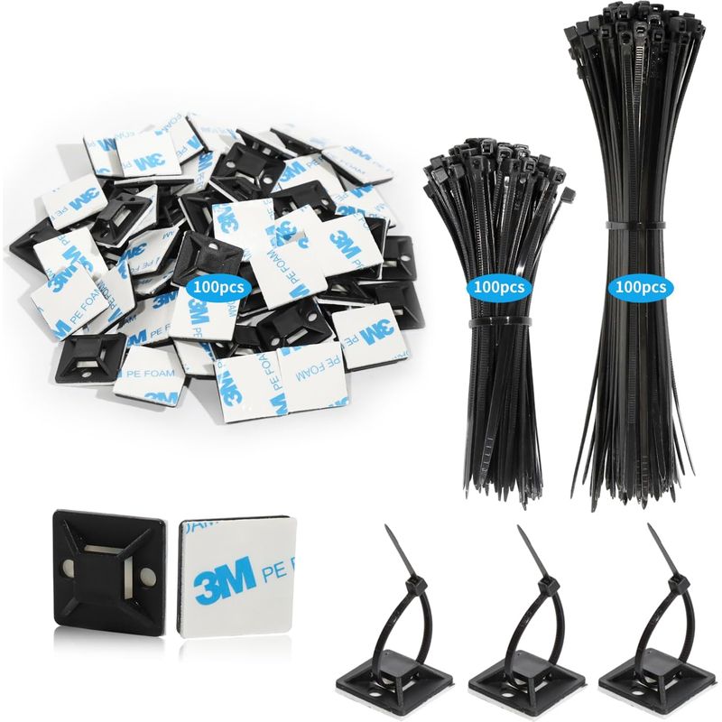 200 Schwarze Kabelbinder Aus Kunststoff Mit 100 Kabelclips Aus Kunststoff, Selbstklebende Kabelbinder, Selbstklebende Halterungen Für Zuhause Und Büro -