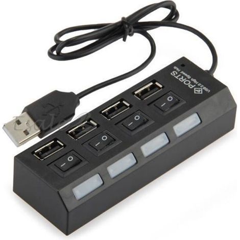Schwarzer Usb 2.0 Hub, 4 Ports, 480 Mbit/s Mit Led-schalter Für Pc Und Tablet
