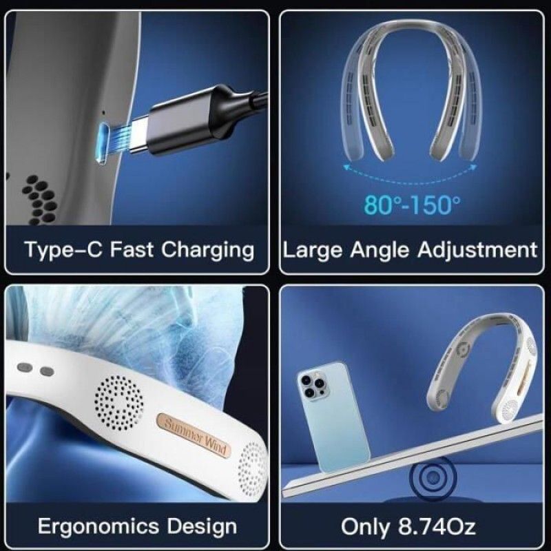 Nackenventilator, 4000-mah-akku, 3 Geschwindigkeitsstufen, 360°-drehung, 25 Db, Freisprechfunktion, Sommer