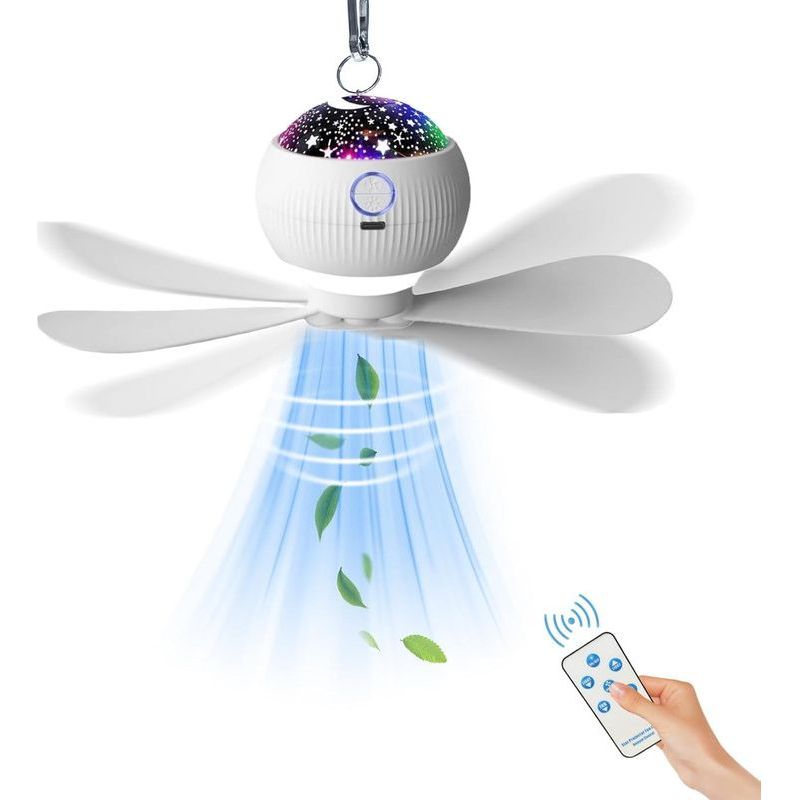 Deckenventilator Mit Sternenhimmelprojektion Und Integrierter Leuchte – Tragbarer Led-zeltventilator – Inklusive Fernbedienung – 3000-mah-akku – Auch Als Hängeleuchte Verwendbar