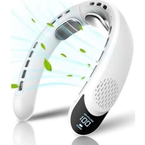 Tragbarer Nackenventilator Mit 3 Geschwindigkeitsstufen. 360°-rundumluftstrom. Weißes Led-display.