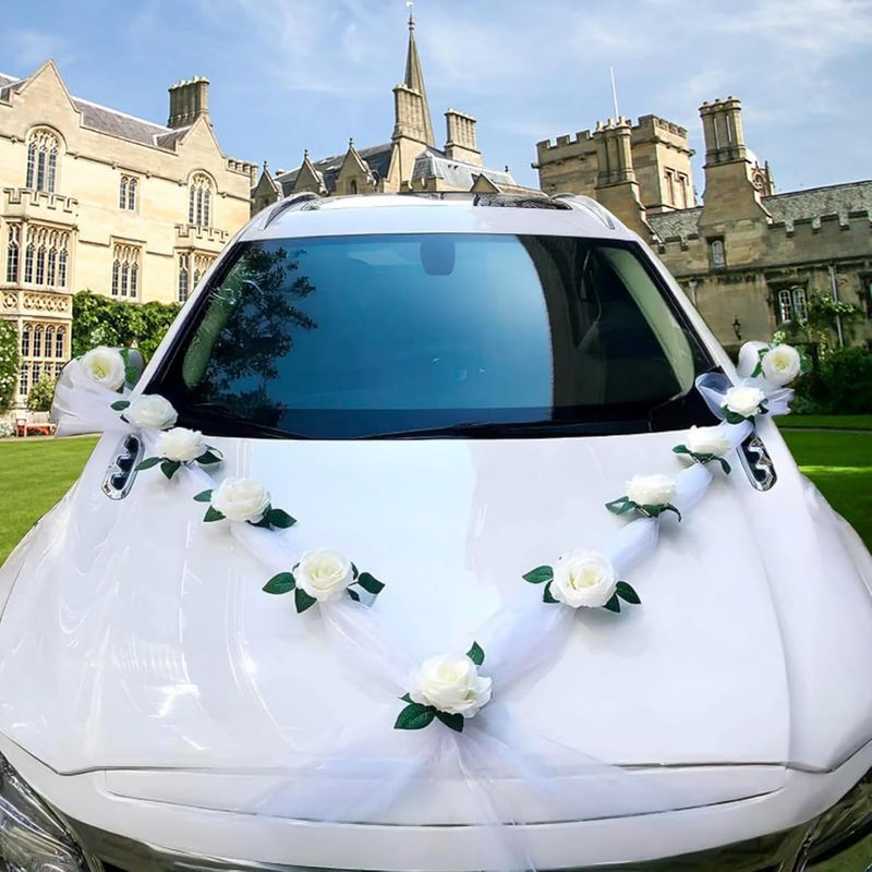 Weiße Hochzeitsauto-dekoration, Set Mit 11 Rosen, 2 Organzabändern, Saugnäpfen, Dekoration Für Die Motorhaube Des Brautautos Für Zeremonie Und Feier