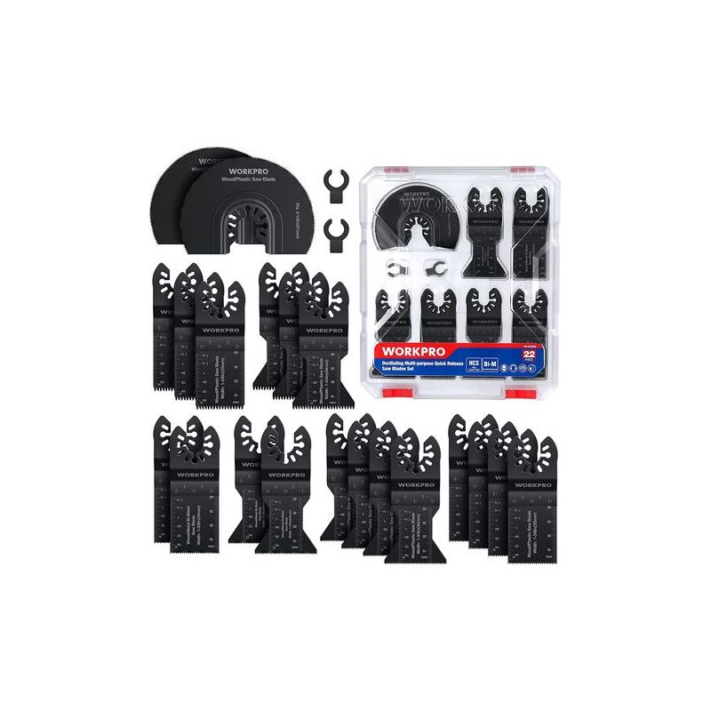 Workpro – 22-teiliges Set Oszillierender Sägeblätter – Kohlenstoffstahl – Für Hartholz, Metall Und Kunststoff – Koffer Mit C-clip-adaptern