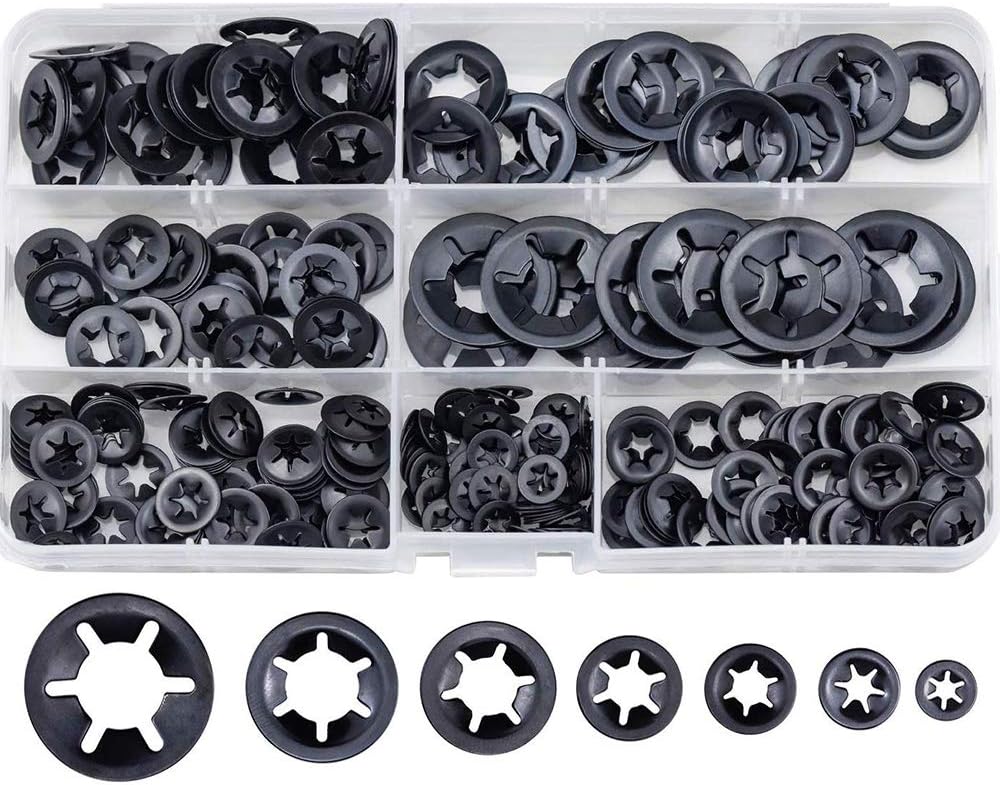 Langray 340 Stück Sicherungsscheiben Stern-sicherungsscheiben Speed ​​clips Befestigungs-sortiment Schnell-schnellscheiben Manganstahl Metallscheiben M3 M4 M5 M6 M8 M10 M12