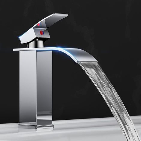 Badezimmerarmatur, Edelstahl-waschtischarmatur Mit Wasserfallauslauf, Messingarmatur, Warm- Und Kaltwasseranschluss, Wassersparend, Chrom-finish (inkl. 60 Cm Schlauch)