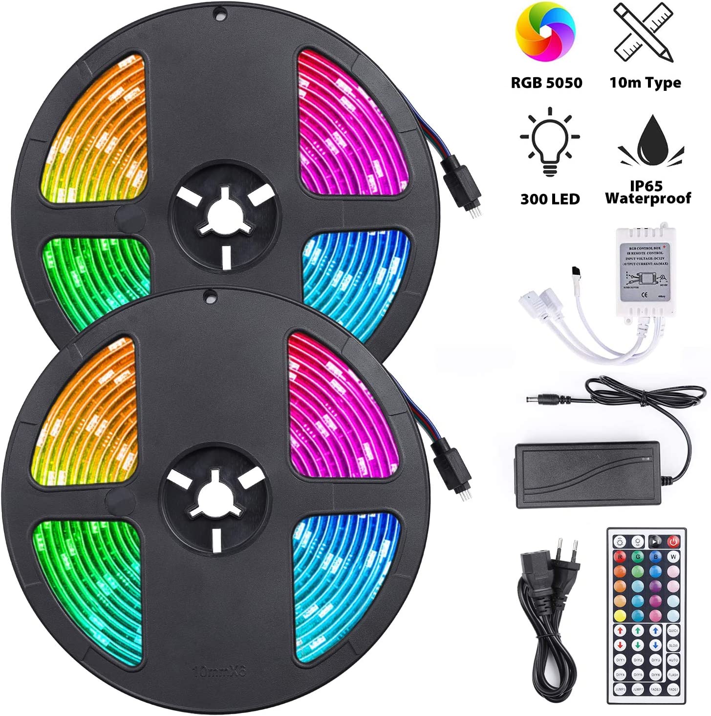 – 10 M Rgb-led-streifen – 300 Smd 5050 Leds – Fernbedienung, 20 Farben – Ip65 Wasserdicht Für Innendekoration Und Veranstaltungen – 2 X Leds