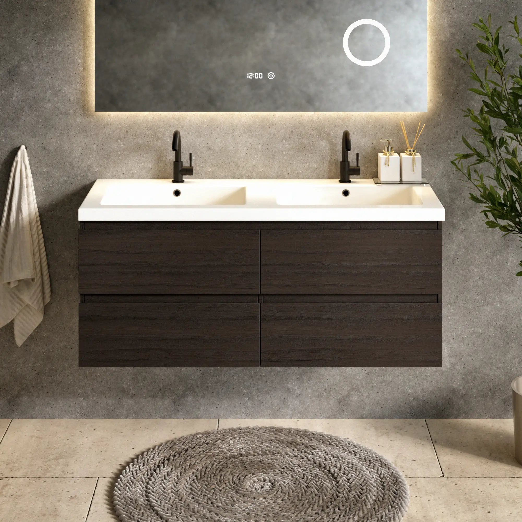 Badezimmermöbel Asora - 120 Cm - Walnuss - Waschtisch Weiß
