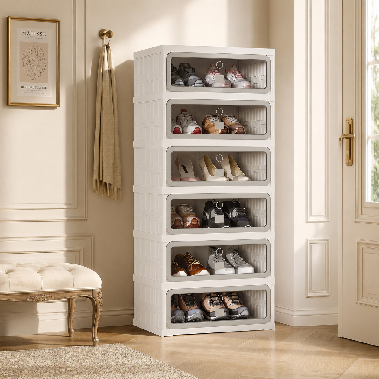 Faltbares Schuhregal, Aufbewahrung Für Flur Und Schlafzimmer, Modularer Kunststoff, 1 Spalte, 6 Ebenen, 45 × 34 × 106 Cm, Weiß/grau