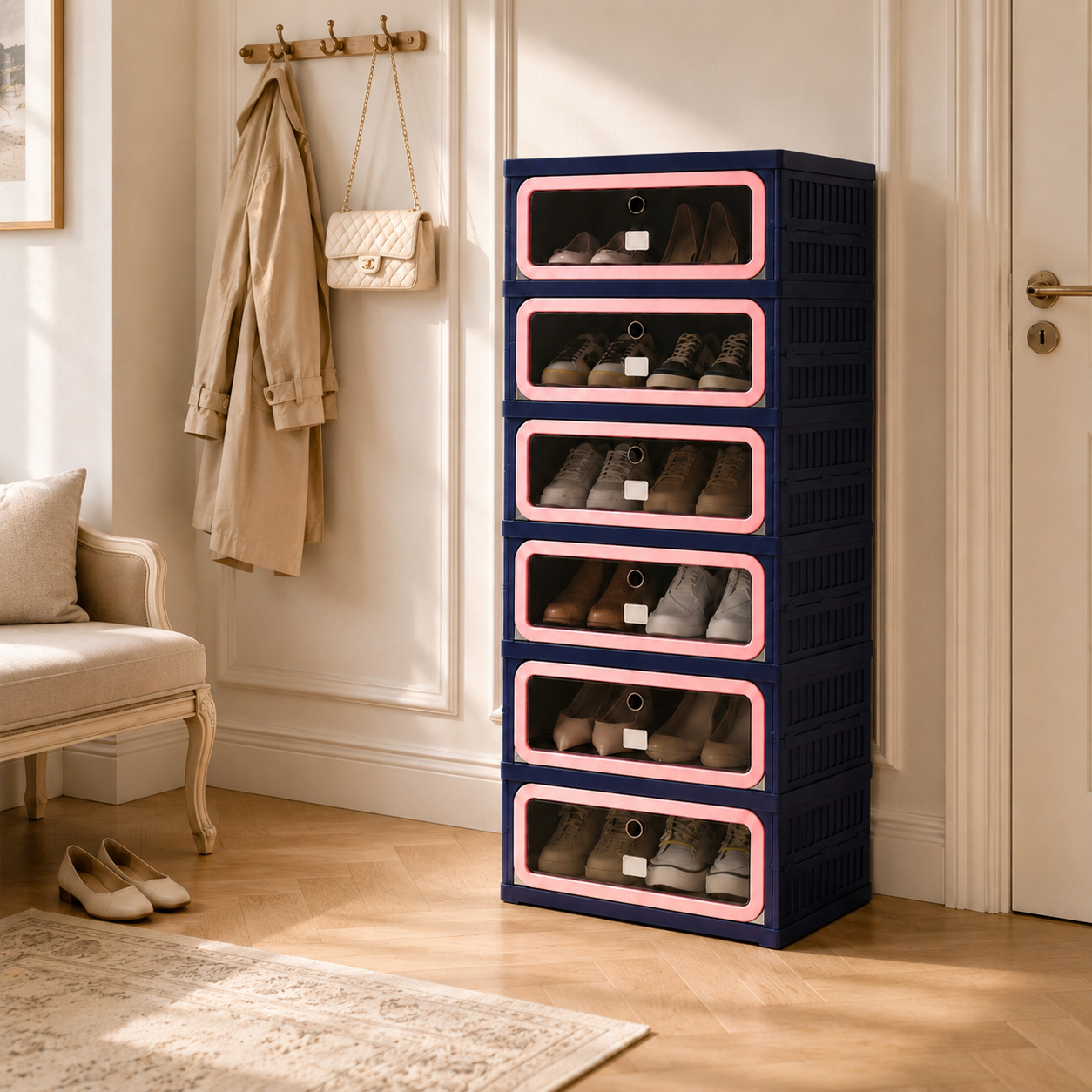 Faltbares Schuhregal, Aufbewahrung Für Flur Und Schlafzimmer, Modularer Kunststoff, 1 Spalte, 6 Ebenen, 45 × 34 × 106 Cm, Blau/rosa