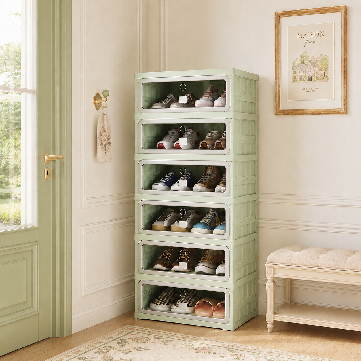 Faltbares Schuhregal, Aufbewahrung Für Flur Und Schlafzimmer, Modularer Kunststoff, 1 Spalte, 6 Ebenen, 45 × 34 × 106 Cm, Grün/grau