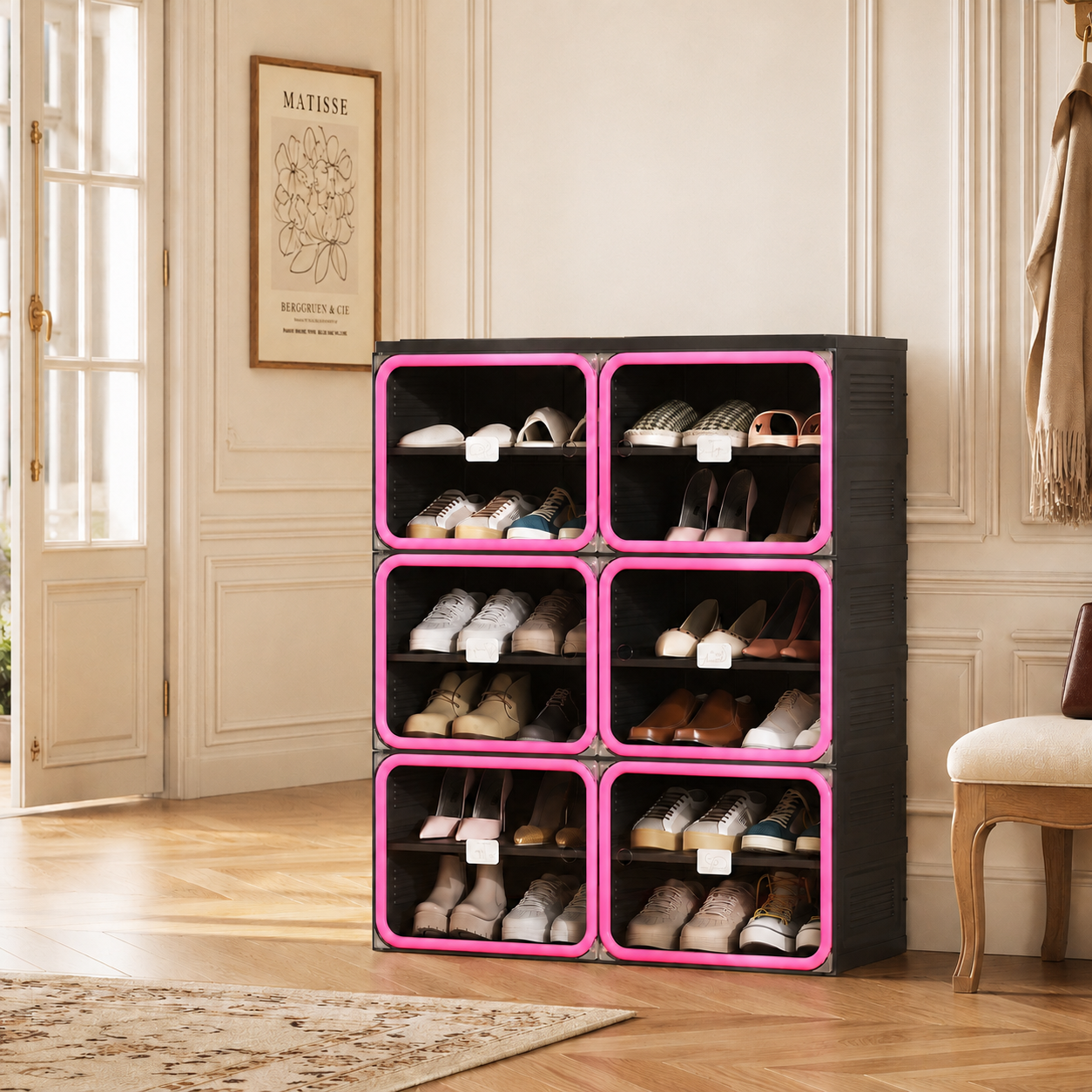 Faltbares Schuhregal, Aufbewahrung Für Flur Und Schlafzimmer, Modularer Kunststoff, 2 Spalten, 6 Ebenen, 85 × 34 × 104 Cm, Schwarz/rot