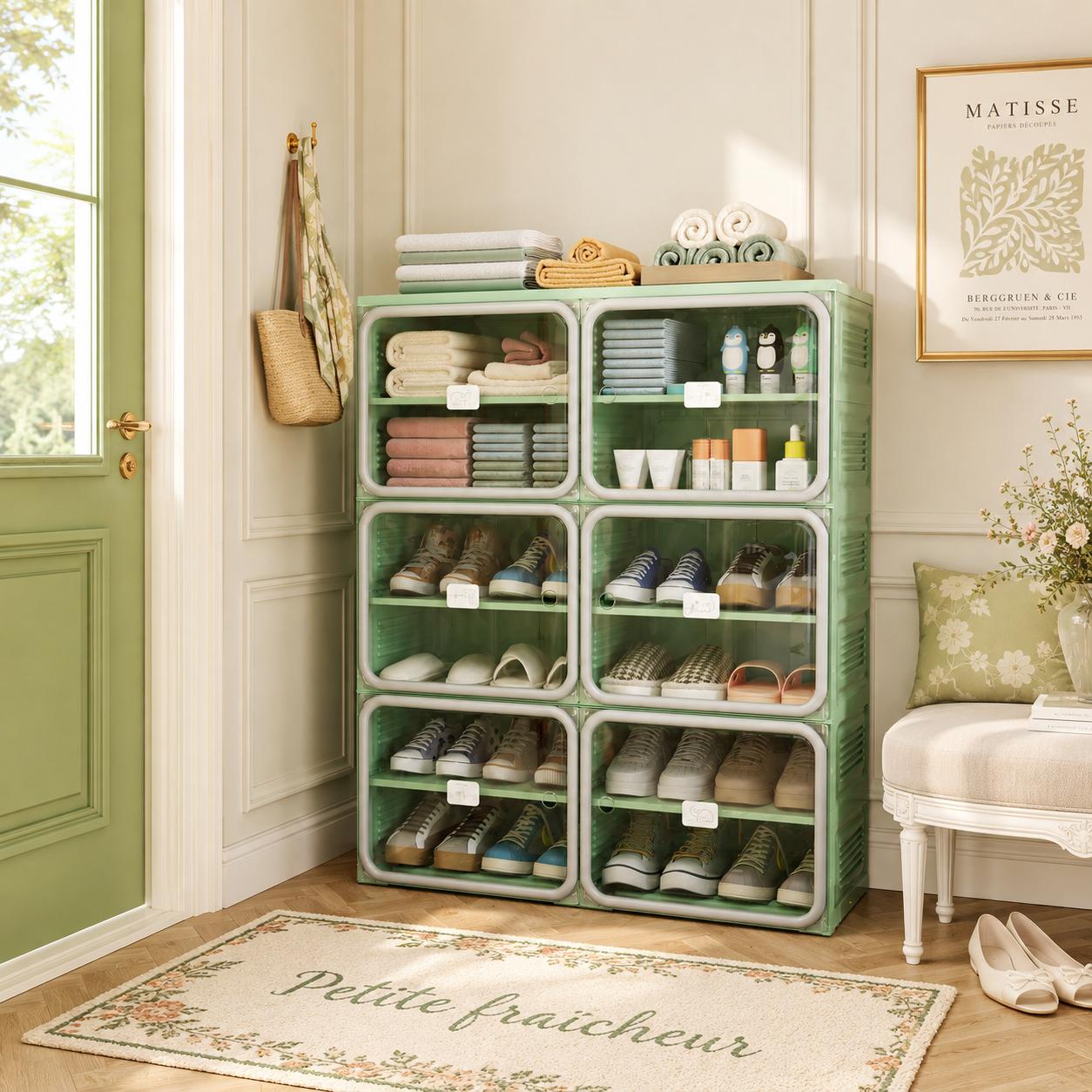 Faltbares Schuhregal, Aufbewahrung Für Flur Und Schlafzimmer, Modularer Kunststoff, 2 Spalten, 6 Ebenen, 85 × 34 × 104 Cm, Grün/grau