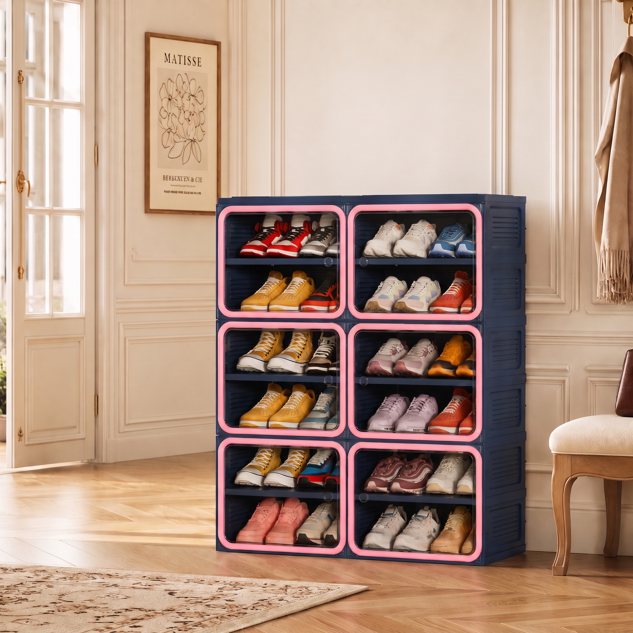 Faltbares Schuhregal, Aufbewahrung Für Flur Und Schlafzimmer, Modularer Kunststoff, 2 Spalten, 6 Ebenen, 85 × 34 × 104 Cm, Blau/rosa