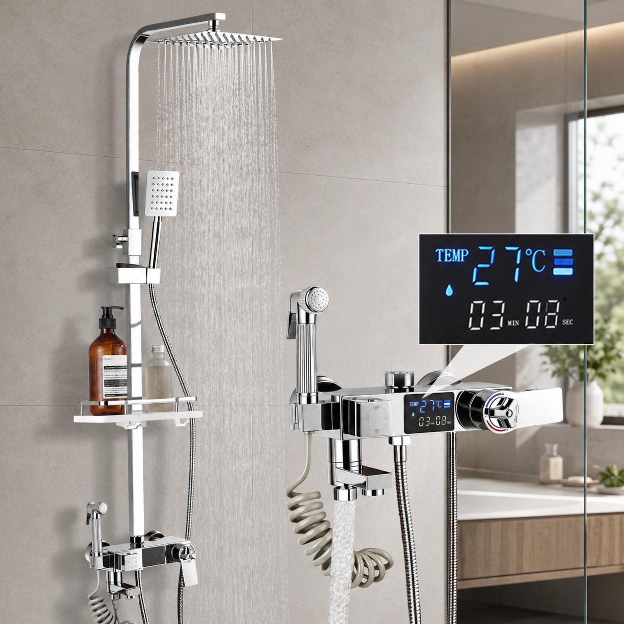 Thermostat-duschsystem Mit Led-anzeige, Quadratisches Duschset Mit Thermostatarmatur Und 4-strahl-handbrause, Edelstahl, Höhenverstellbar