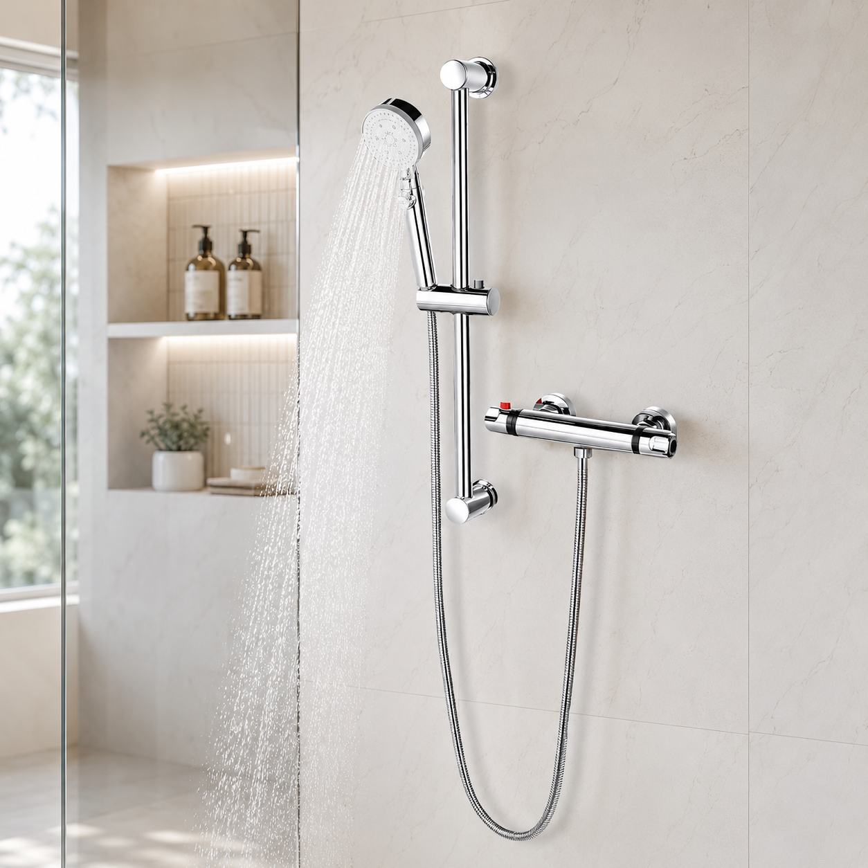 Thermostat-duschsystem, Duschstange Mit 5-strahl-handbrause, Messing Und Abs, Rundes Design, 63,5 Cm, Chrom