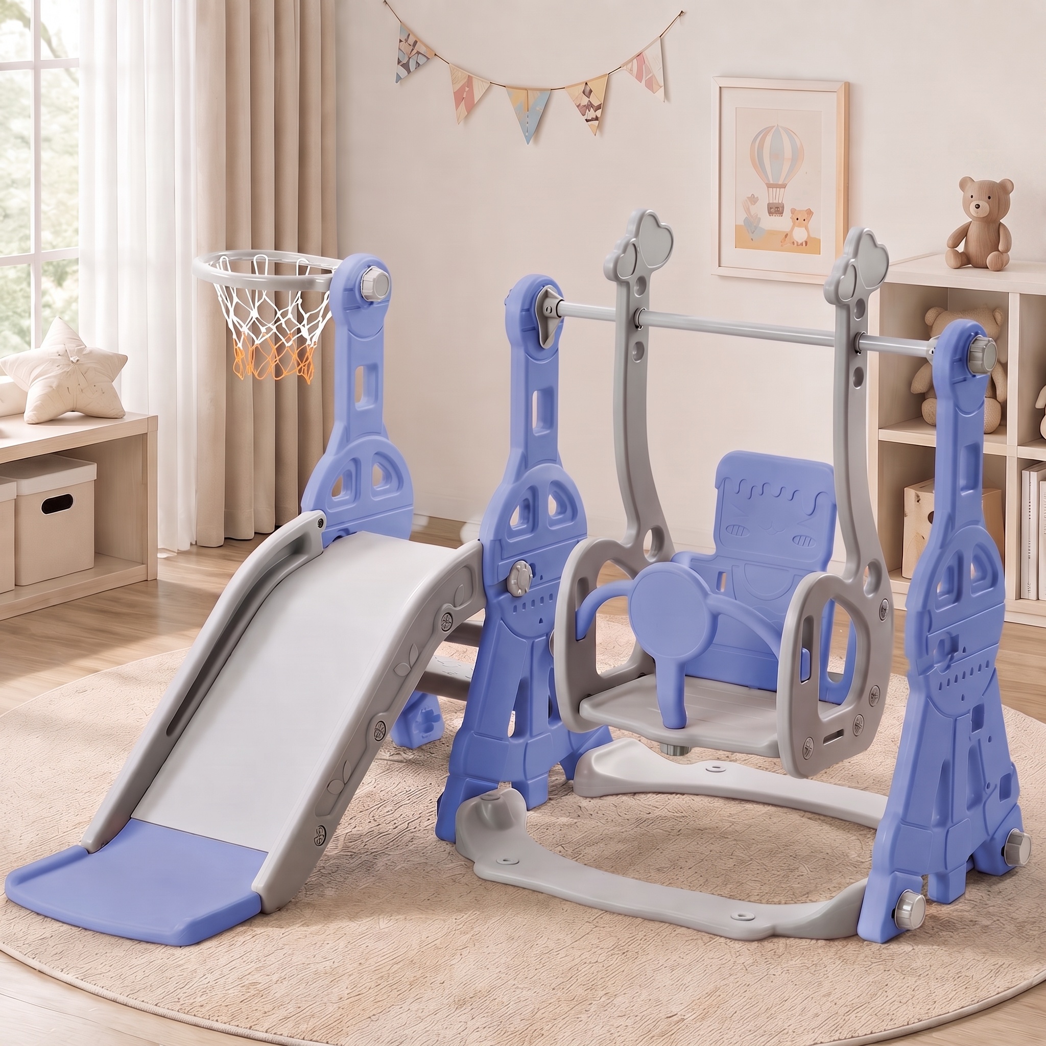 Kinderrutsche, 4-in-1-spielplatz Mit Schaukel Und Basketballkorb, Robustes Hdpe Für Innen- Und Außenbereich, 140x118x102 Cm, Blau
