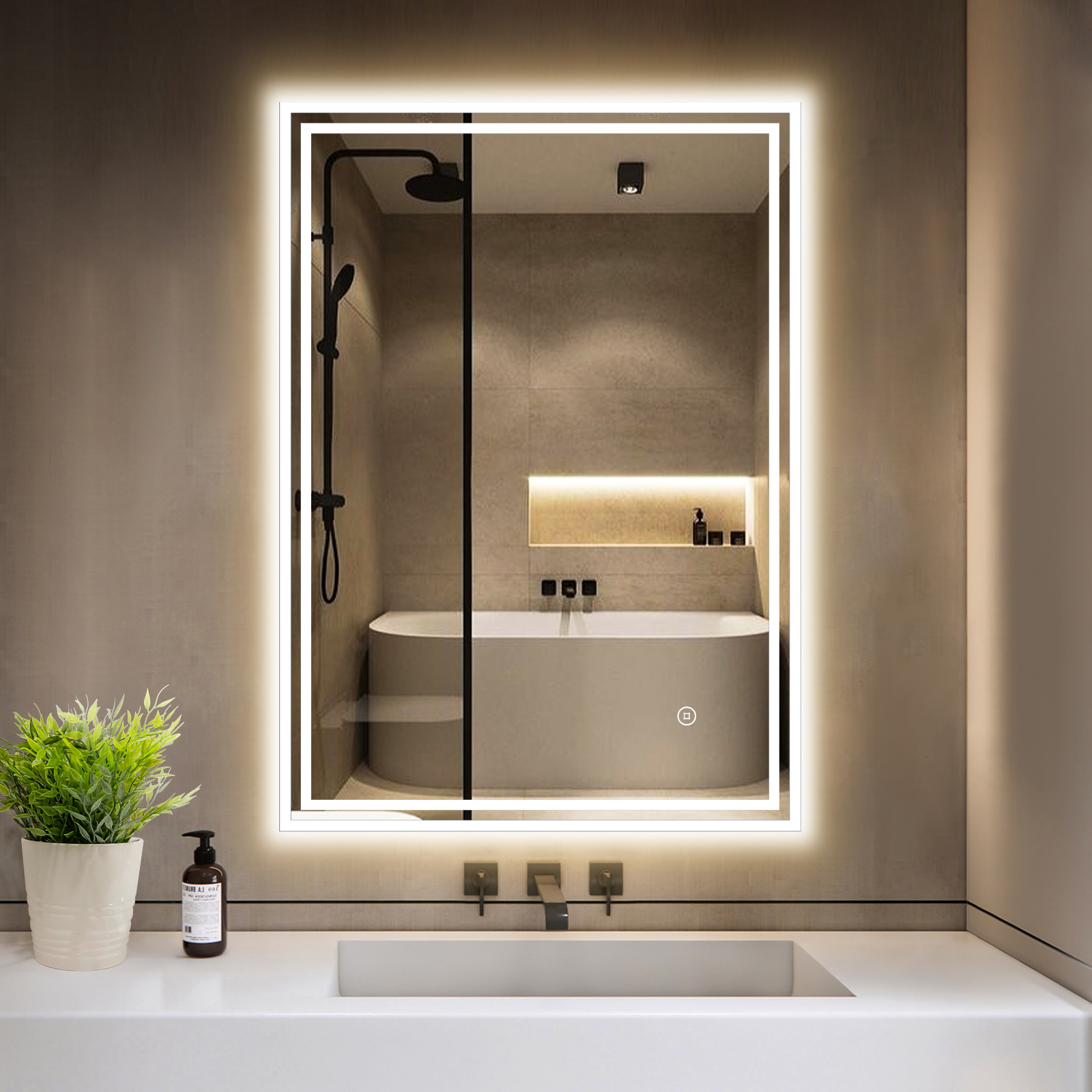 70cm Runder Led Spiegel Mit Beleuchtung Und Uhr - Schwarzgerahmt, Antibeschlag, Dimmbar, 3 Lichtfarben, Touch-schalter, Speicherfunktion, Energiesparend