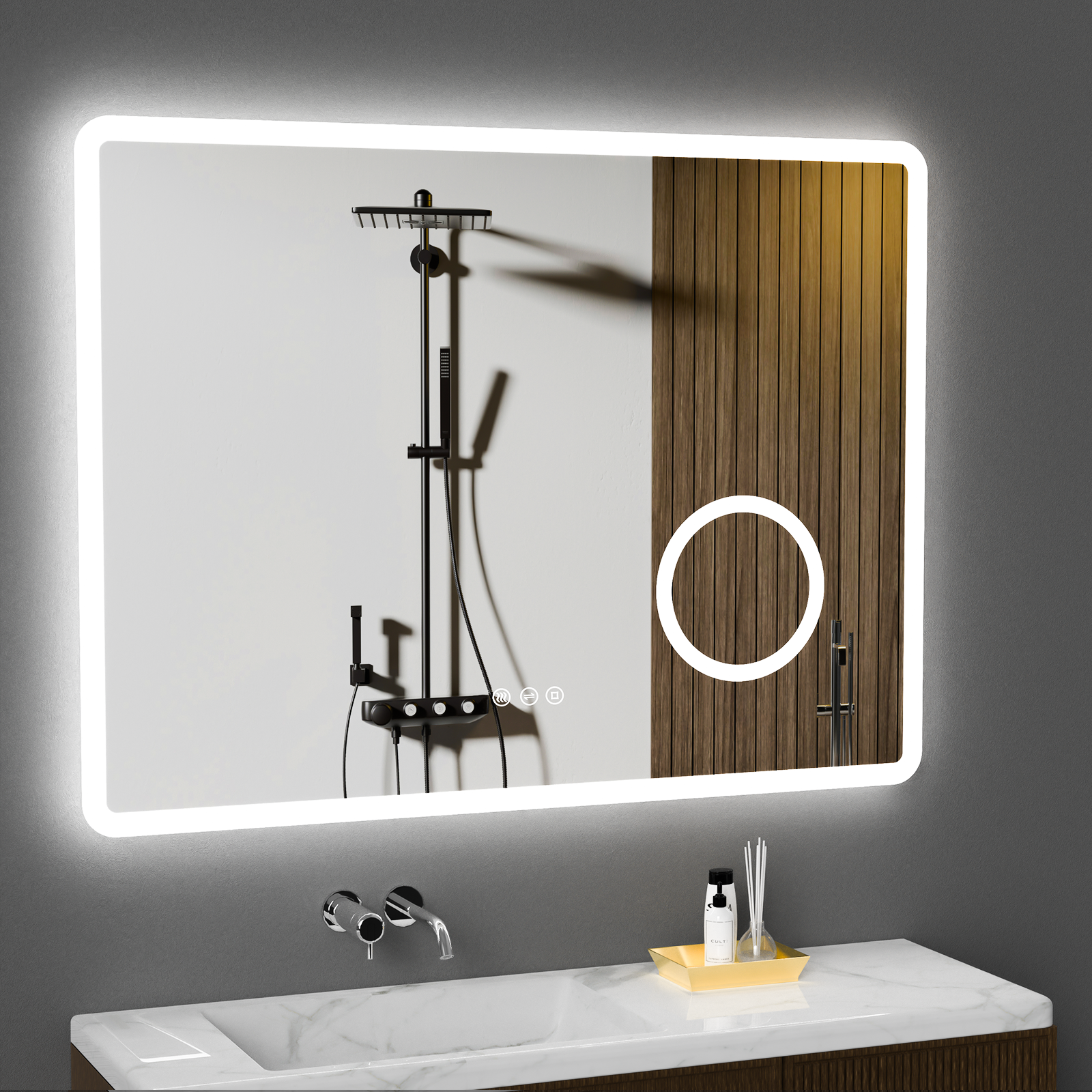 Spiegel Mit Beleuchtung Asymmetrischer, Led Badspiegel Mit Touch-schalter, 3 Lichtfarbe, Dimmbar, Badezimmerspiegel Mit Beleuchtung 80x 53cm