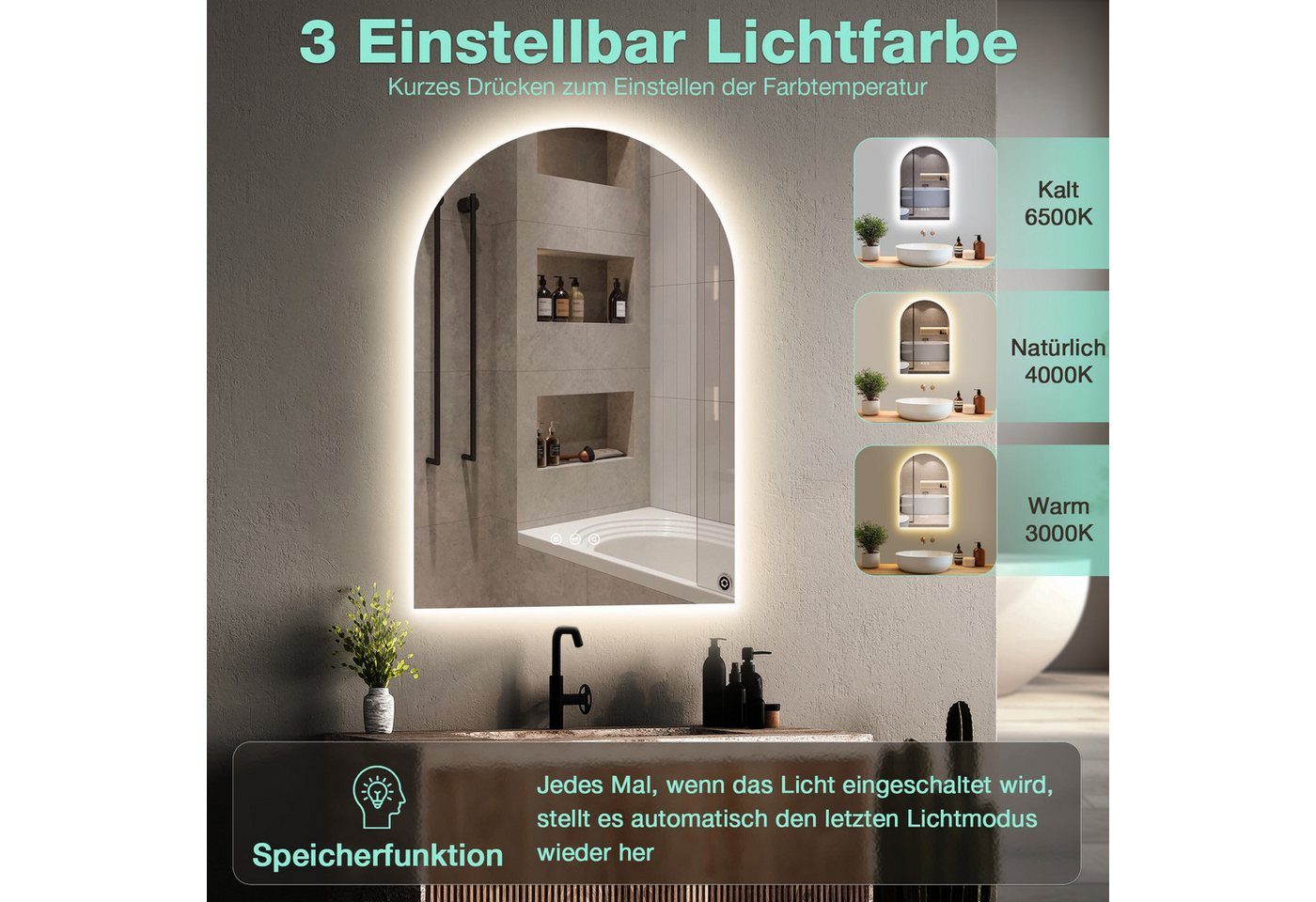Gimbelen Badezimmerspiegel Mit Beleuchtung, 80 X 60 Cm Bad Spiegel Mit Licht Und Tastenschalter, Led Spiegel Bad Mit Antibeschlag, 2 Lichtfarben Einstellbar,3000k / 6500k, Energiesparend