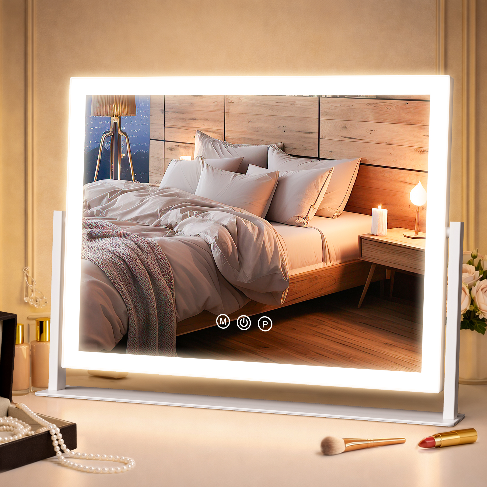 Schminktisch Spiegel Mit Beleuchtung, 42x31cm Hollywood Spiegel Mit 3 Farbtemperaturen & Dimmer, 360° Drehbar, 3x Vergrößerungsspiegel, Touch-tasten, Usb-c, Weiß – Kosmetikspiegel Mit Licht