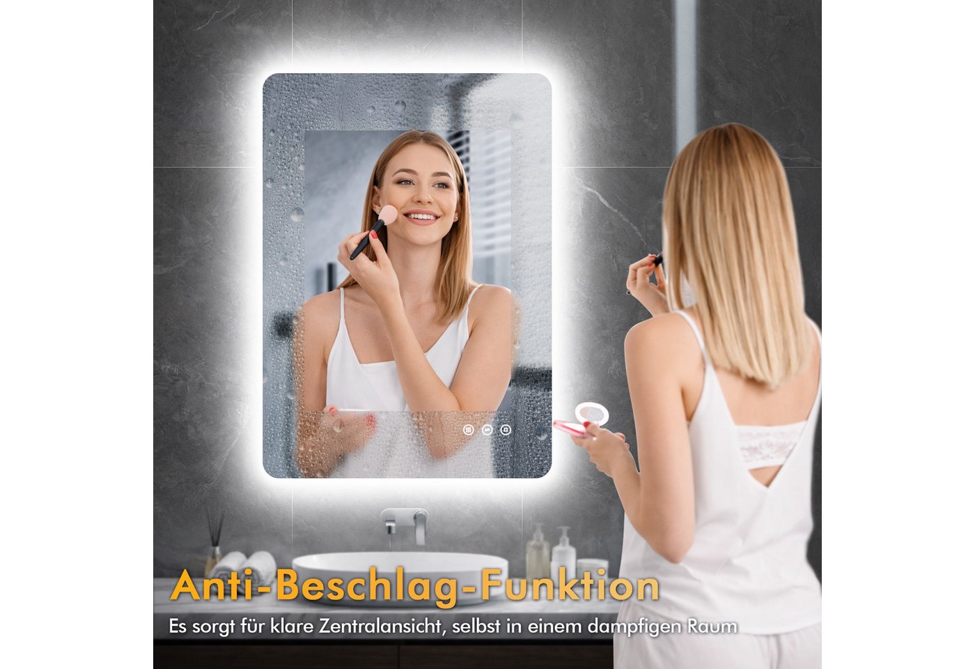 Badezimmerspiegel Mit Beleuchtung 50x70cm, Led Spiegel Bad Mit Licht, 3 Lichtfarben, Dimmbar, Antibeschlag, Speicherfunktion, Ip44, Horizontal/vertikal, 4mm Hd Hartglas,alurahmen Bild 3