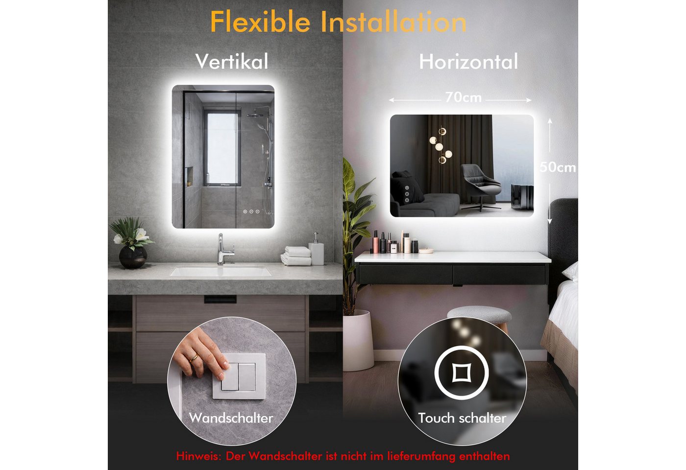 Badezimmerspiegel Mit Beleuchtung 50x70cm, Led Spiegel Bad Mit Licht, 3 Lichtfarben, Dimmbar, Antibeschlag, Speicherfunktion, Ip44, Horizontal/vertikal, 4mm Hd Hartglas,alurahmen Bild 4