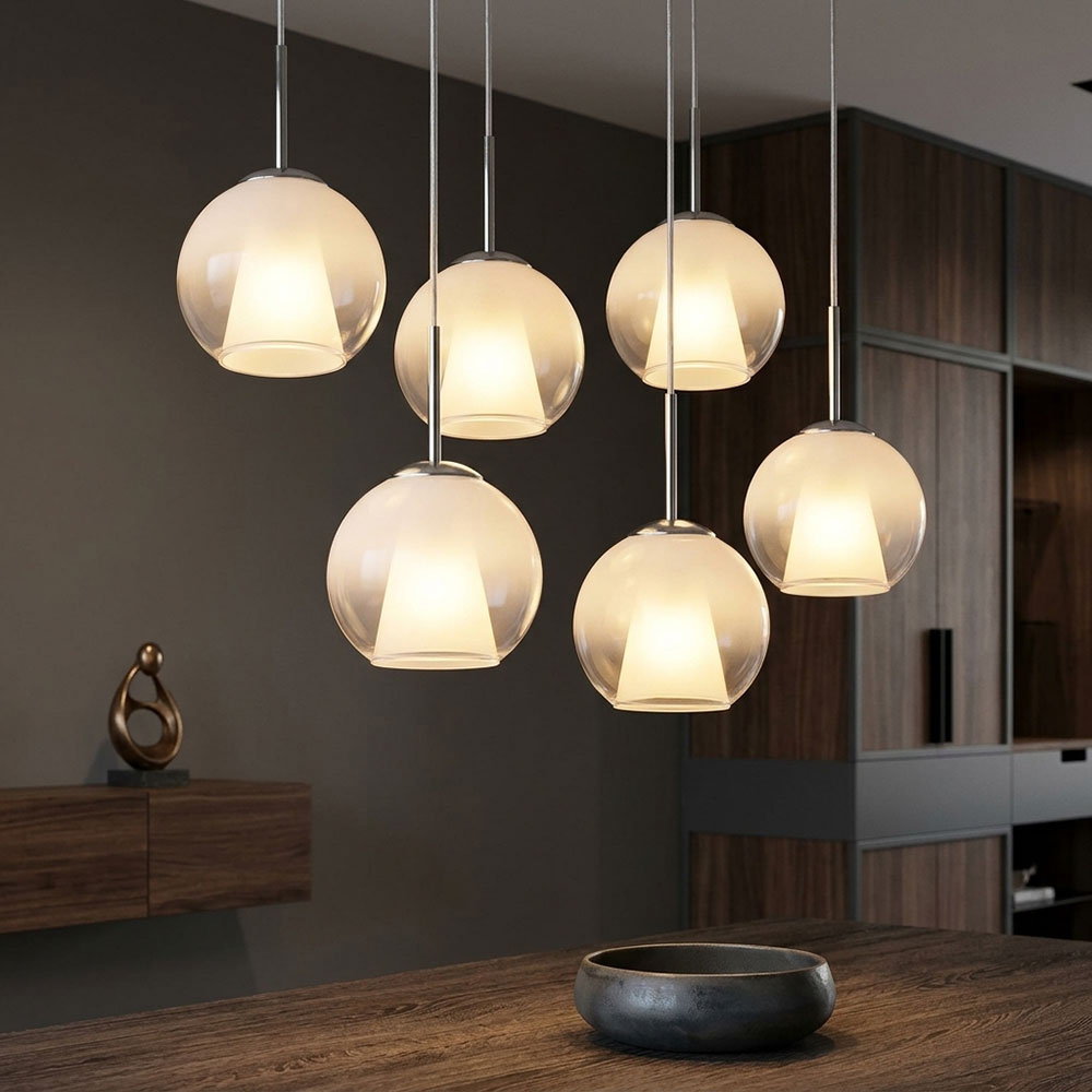Led Pendelleuchte Hängelampe Esszimmerlampe 6-flammig Chrom Glas Opal H 120 Cm