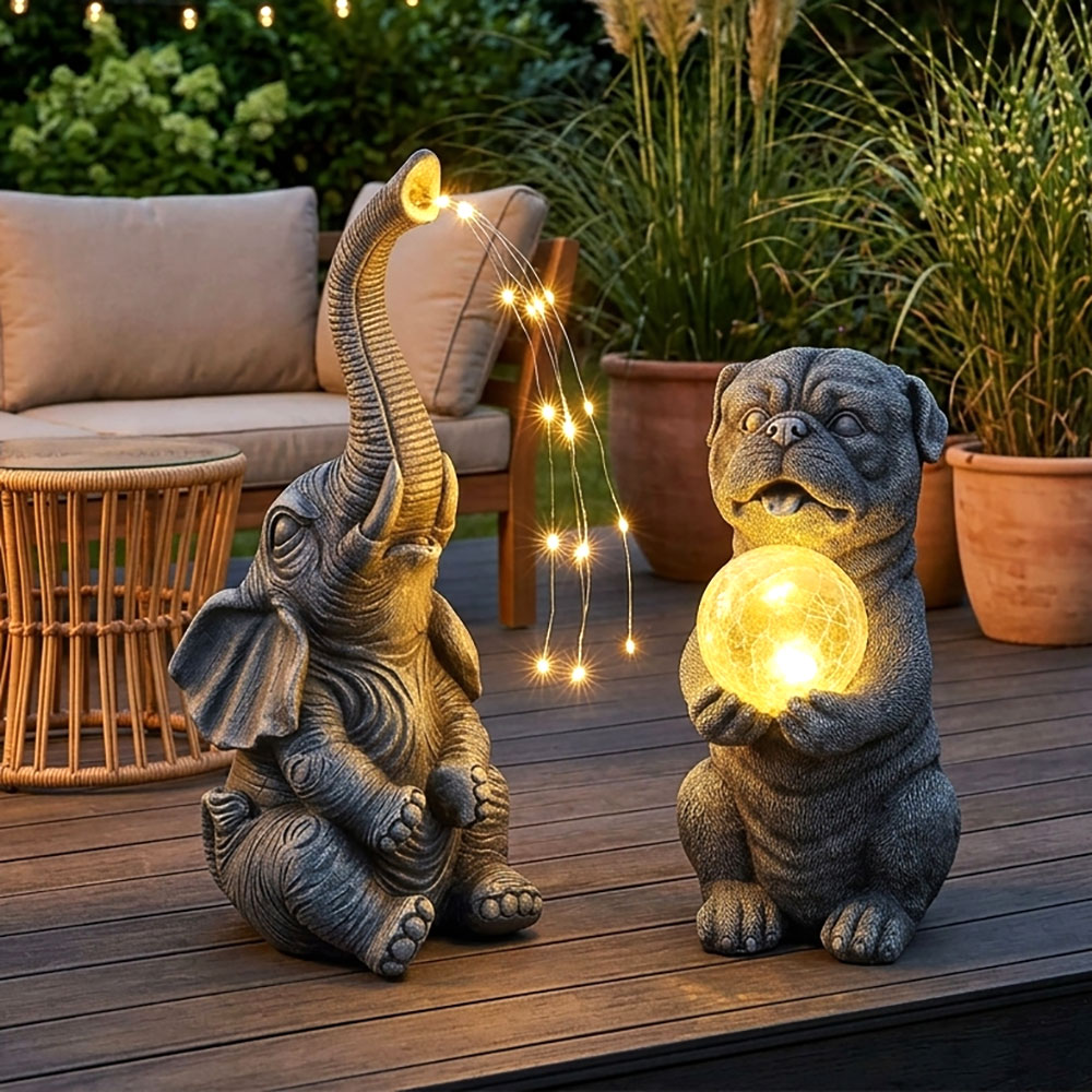 2x Led Solarleuchte Außenleuchte Hund Elefant Gartenleuchte Dämmerungssensor Grau Glas H 29 Cm