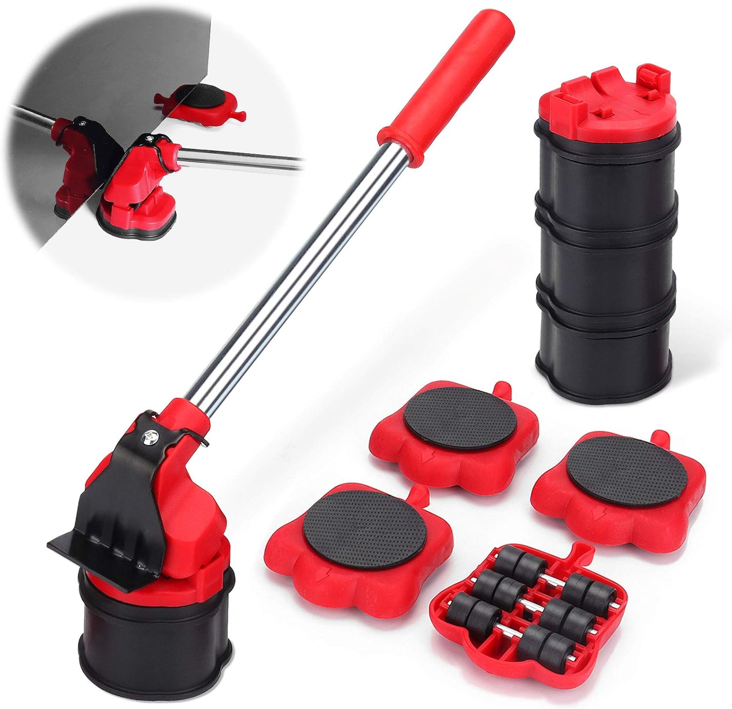 Groofoo – Möbelhebeset Bis 300 Kg – 4 Hebekissen Und Rollen – Länge 34 Cm – Ergonomischer Griff Zum Bewegen