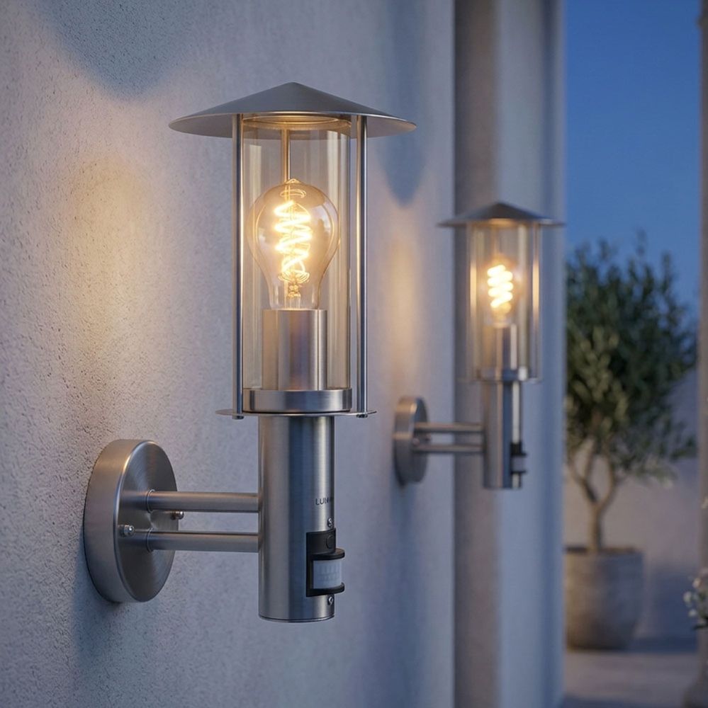 2x Außenleuchte Wandlampe Gartenleuchte Bewegungsmelder Silber Edelstahl H 33 Cm