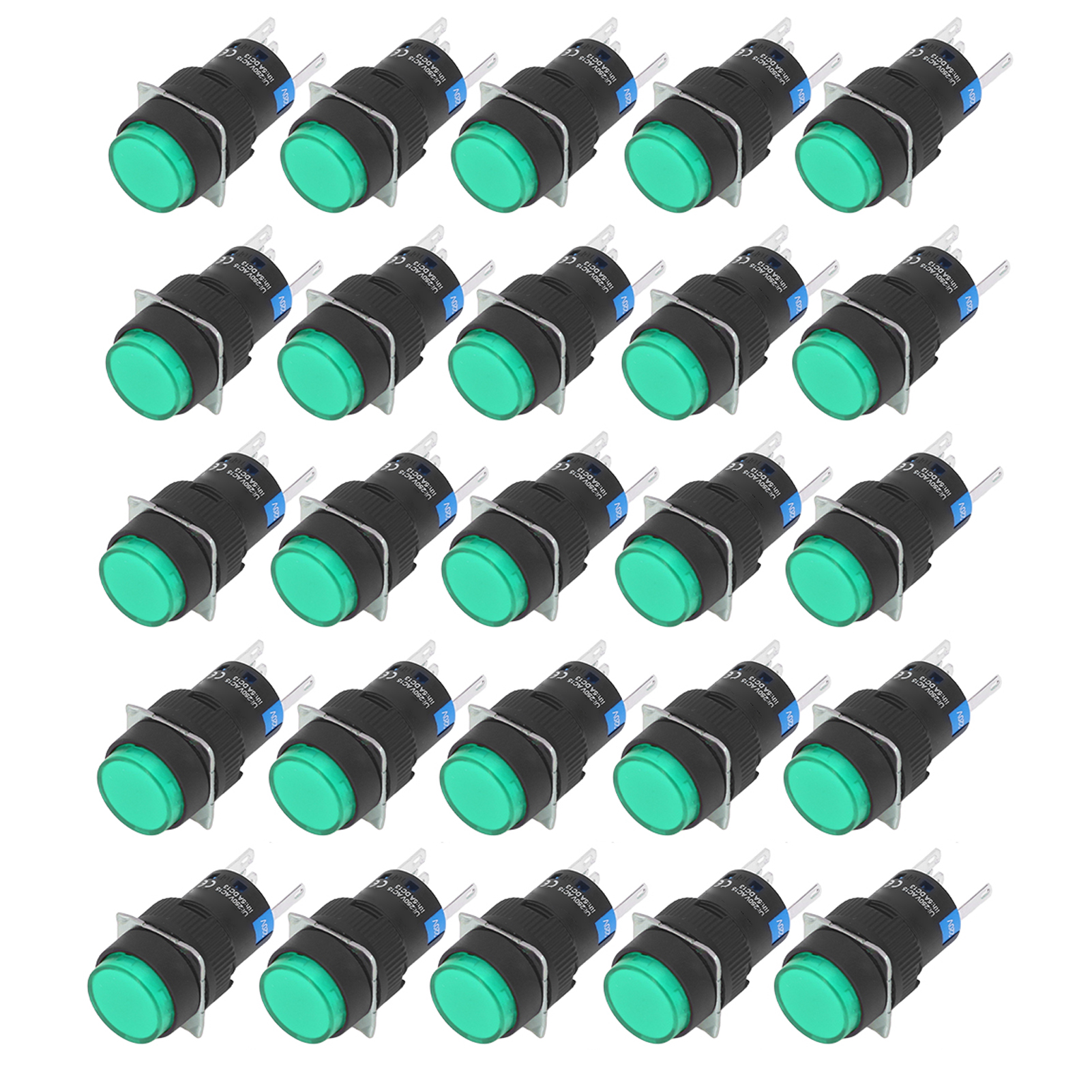 25 Stück 16 Mm 5-polige Drucktaster, Runde, Selbstverriegelnde Netzschalter Mit Kontrollleuchte, 220 V, Grün
