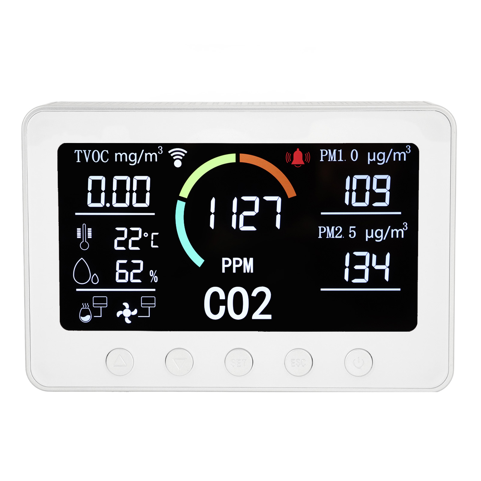 Luftqualitätsmessgerät Mit Co₂-, Tvoc-, Pm2,5-, Temperatur- Und Pm1,0-messung, 7-zoll-display, 100–240 V Wechselstrom, Silberner Eu-stecker