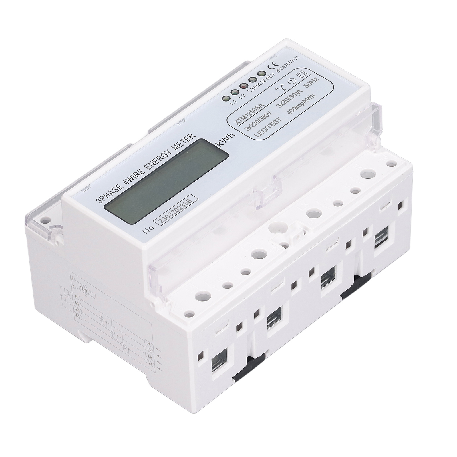 7-stelliger Lcd-stromzähler Für 35-mm-din-schienenmontage, 3-phasig, 4-adrig, Stromverbrauchsanzeige, 3 X 20 (80) A