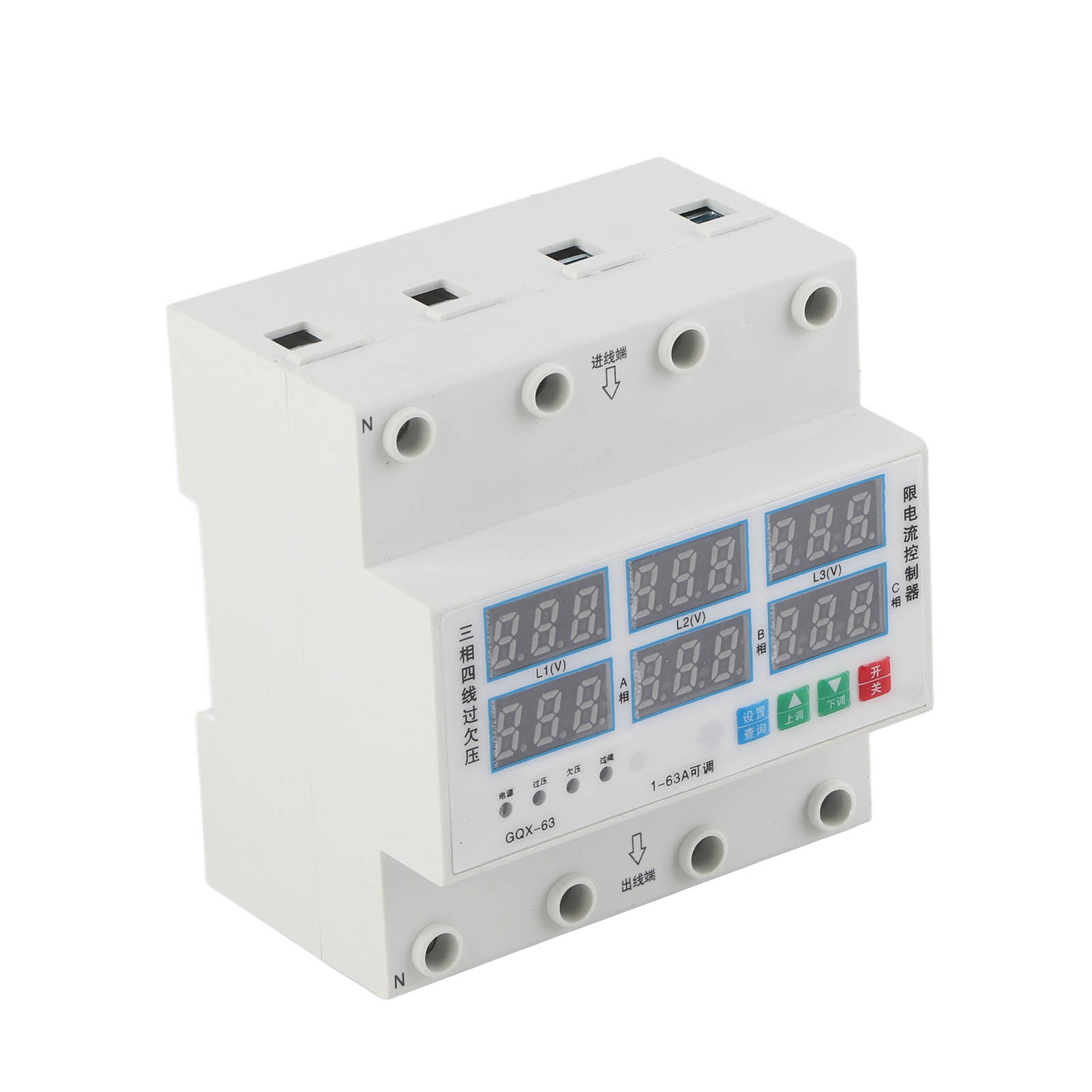 Dreiphasen-din-schienen-voltmeter/amperemeter, Einstellbar, Überspannungs-/unterspannungsschutz, Überstromschutz, 63 A, Ac 390–500 V