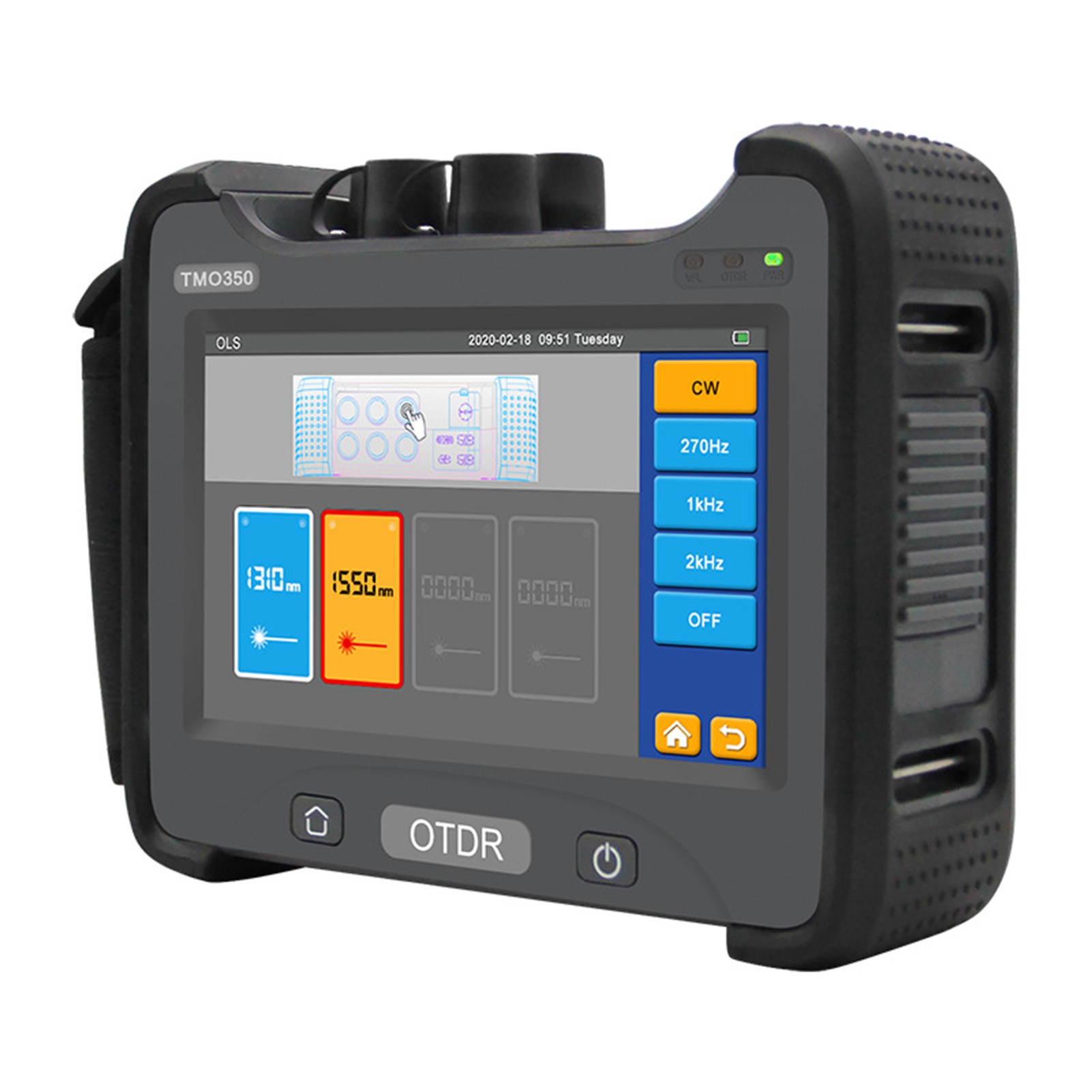 Schwarzes 7-zoll-otdr-multifunktionsgerät (optisches Zeitbereichsreflektometer) 1310–1550 Nm, 32°-frequenzmessung, 30 Db, 110–240 V, Eu-stecker