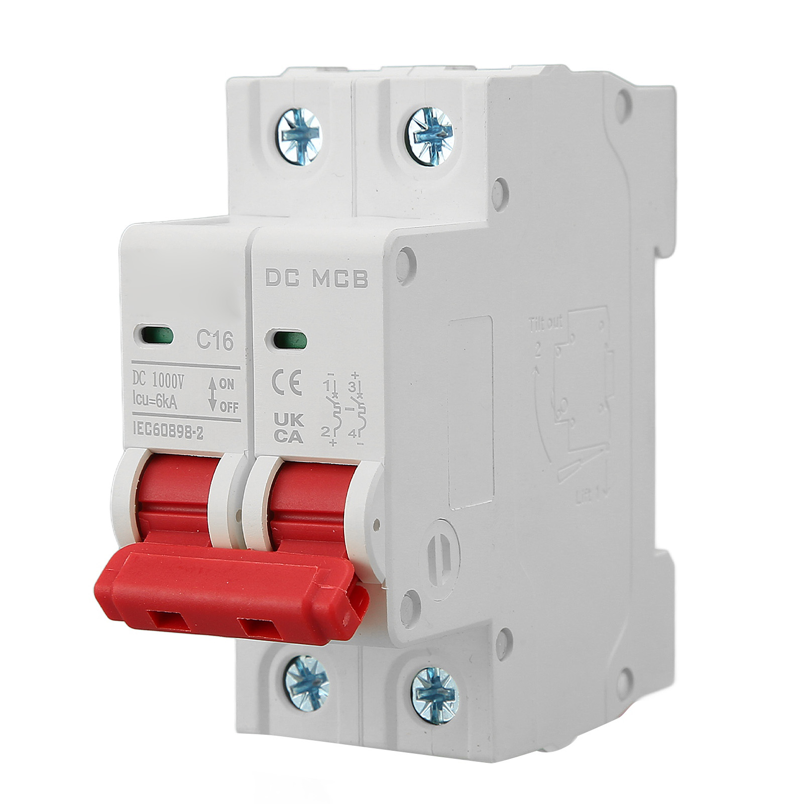 2-poliger Dc-kleinleistungsschalter, 6000 A Abschaltvermögen, Überlastschutz, Mini-leistungsschalter Dc 1000 V, 16 A